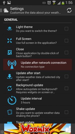 Опции UNIWeather для Android