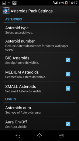 Настройки - Asteroids Pack для Android