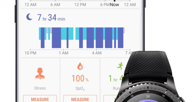 Экран смартфона с Samsung Health и смарт-часы Gear S3 Frontier